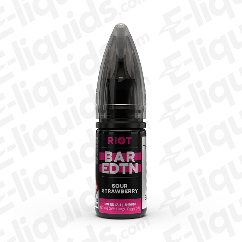Sour Strawberry Bar Edition Nic Salt E-liquid by Riot Squad, 10ml bottle, perfect for MTL kits and vaping.