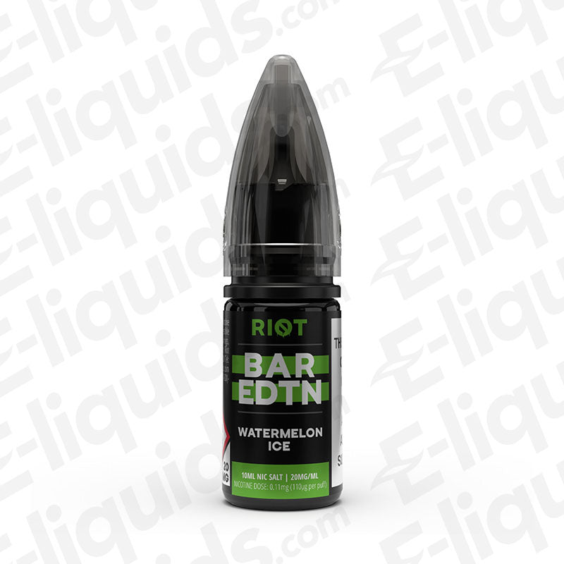 Riot Squad Watermelon Ice Bar Edition Nic Salt E-liquid bottle with green and black label on a white background
