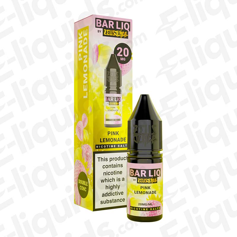 Zeus Juice Pink Lemonade Bar Liq Nic Salt e-liquid bottle with sparkling citrus lemonade and red berry notes in yellow packaging