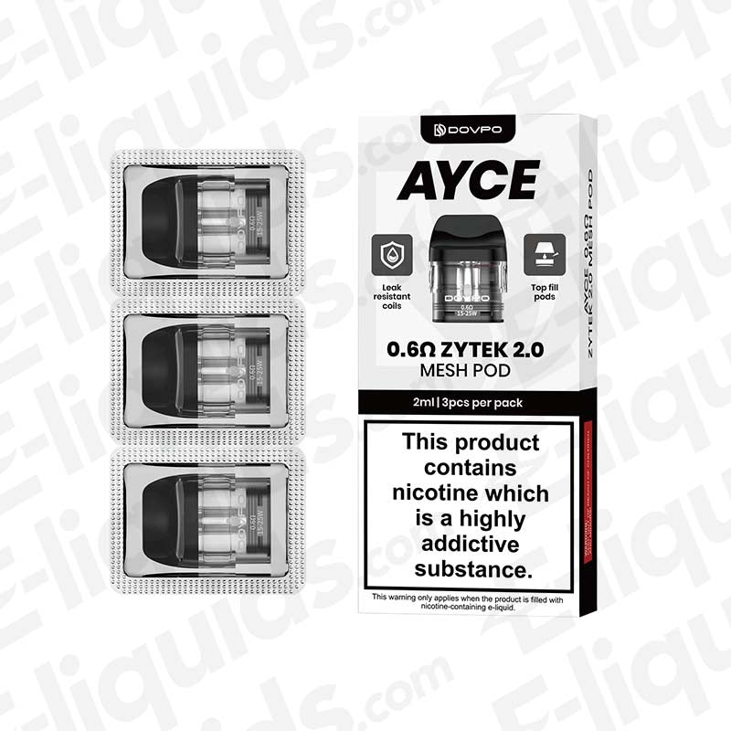 Dovpo Ayce Zytek 2.0 Mesh Pods 0.6Ohm Pack of 3 with nicotine warning label, ideal for MTL and RDL vaping styles.