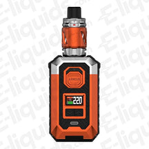 Vaporesso Armour Max Orange Vape Pod Kit with 220W output and iTank 2, featuring rugged TPU armor and replaceable batteries.