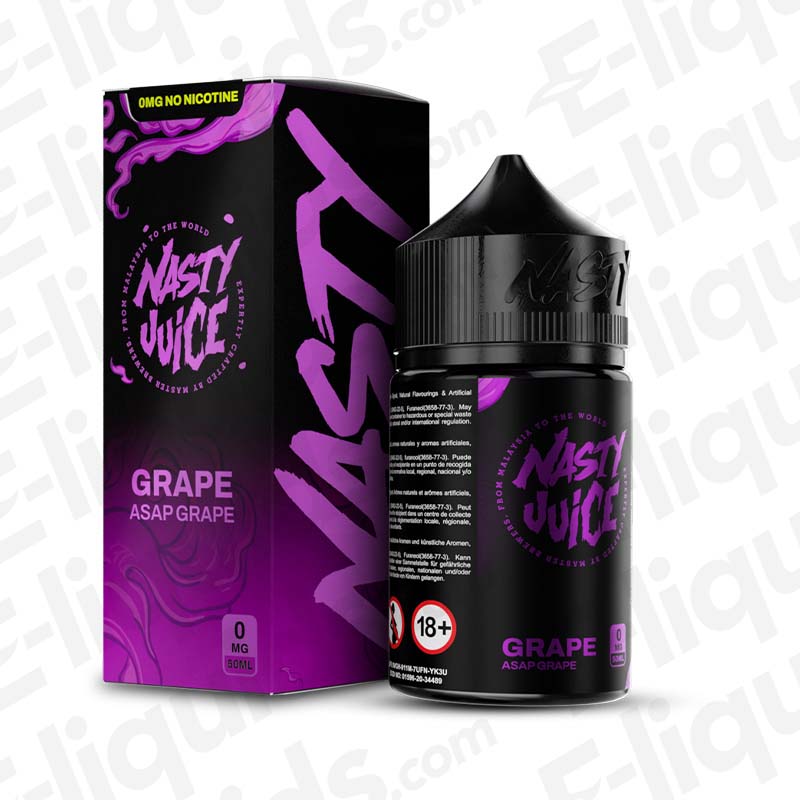 Asap Grape Shortfill E-liquid by Nasty Juice, featuring ripe black grapes and low mint, 50ml bottle.