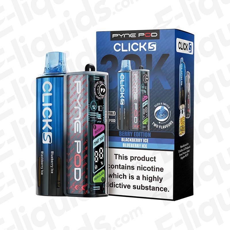Pyne Pod Click S 30K Berry Edition Prefilled Pod Kit with Blackberry Ice and Blueberry Ice flavours in blue packaging.