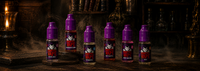 Vampire Vape e-liquid bottles in a moody gothic apothecary scene, lit by warm candlelight.