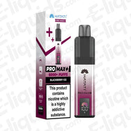 Hayati Pro Max 6K Blackberry Ice Prefilled Pod Kit with deep, tart Blackberry and a refreshing icy exhale in dark purple packaging.