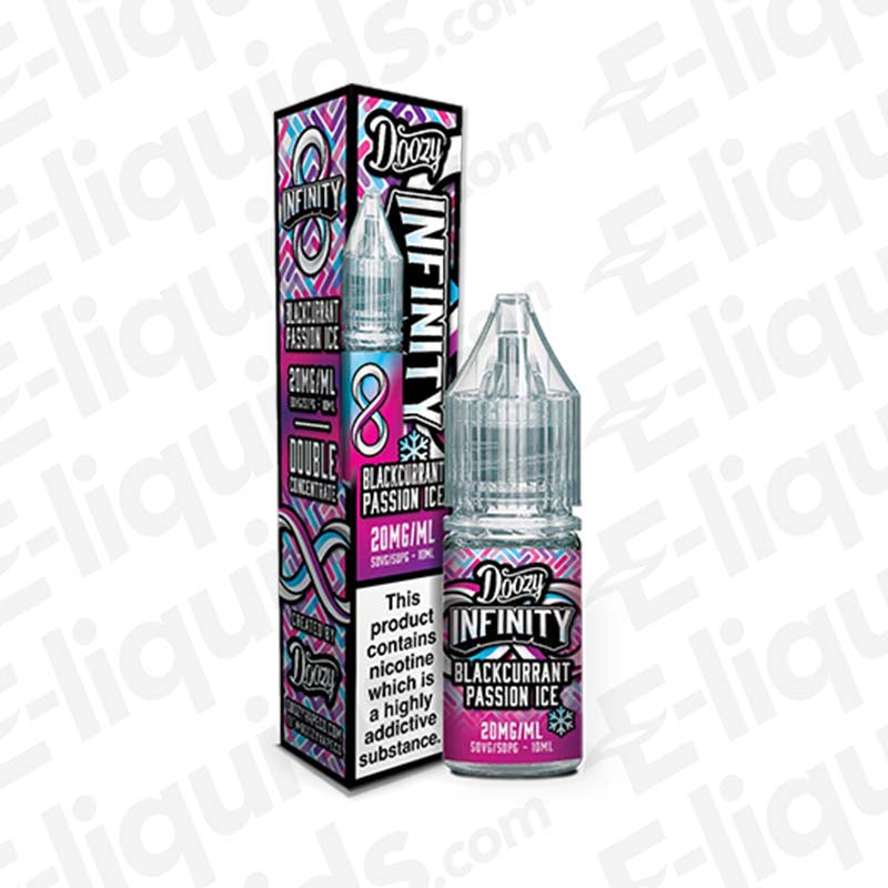 Doozy Infinity Blackcurrant Passion Ice Nic Salt with bold Blackcurrant, tart Passionfruit, and Ice in purple packaging with text.