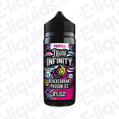Doozy Infinity Blackcurrant Passion Ice 50/50 100ml Shortfill with juicy Blackcurrant, punchy Passionfruit, and an icy edge in a black bottle with label. 
