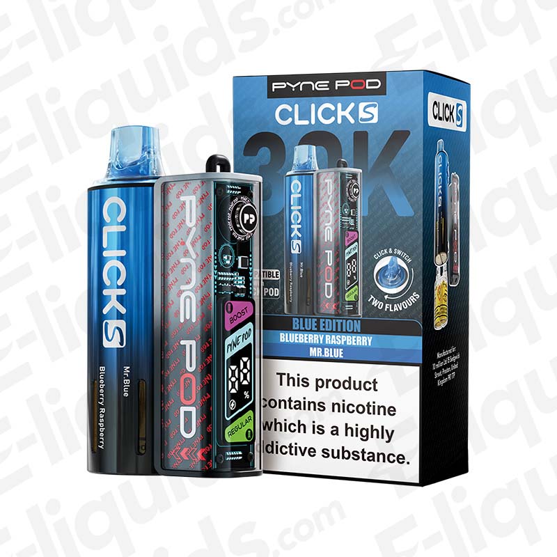 Pyne Pod Click S 30K Blue Edition Prefilled Pod Kit Blue Edition Blueberry Raspberry in blue packaging with sleek device and pod kit box