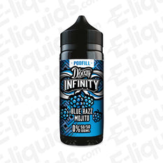 Doozy Infinity Blue Razz Mojito 50/50 100ml Shortfill with sharp Lime, fresh Mint, and juicy Blue Raspberry in a black bottle with label.