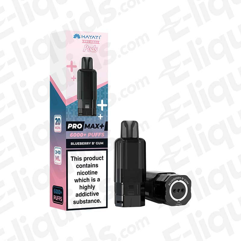 Hayati Pro Max Blueberry B'Gum Prefilled Pod with juicy Blueberry and classic Bubblegum flavour in blue and pink packaging.