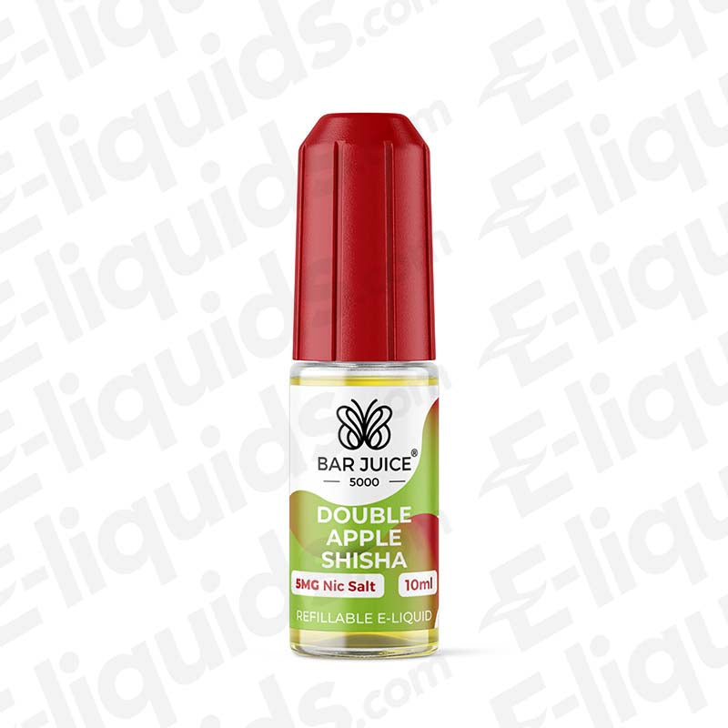 Double Apple Shisha Bar Juice 5000 Nic Salts e-liquid bottle with red cap and green label.
