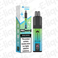 Hayati Pro Max 6K Double Menthol Prefilled Pod Kit with an intense, extra-cool Menthol blast in green packaging.