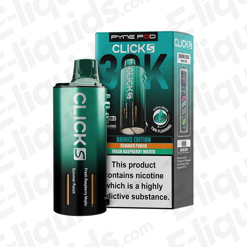 Pyne Pod Click S 30K Drink Edition Prefilled Pod Summer Punch Fresh Raspberry Mojito with green device and teal packaging