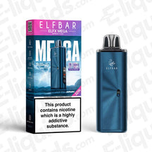 ELF BAR ELFX Mega Navy Pod Kit in navy blue device with OLED screen and sleek pod, with purple and blue packaging.