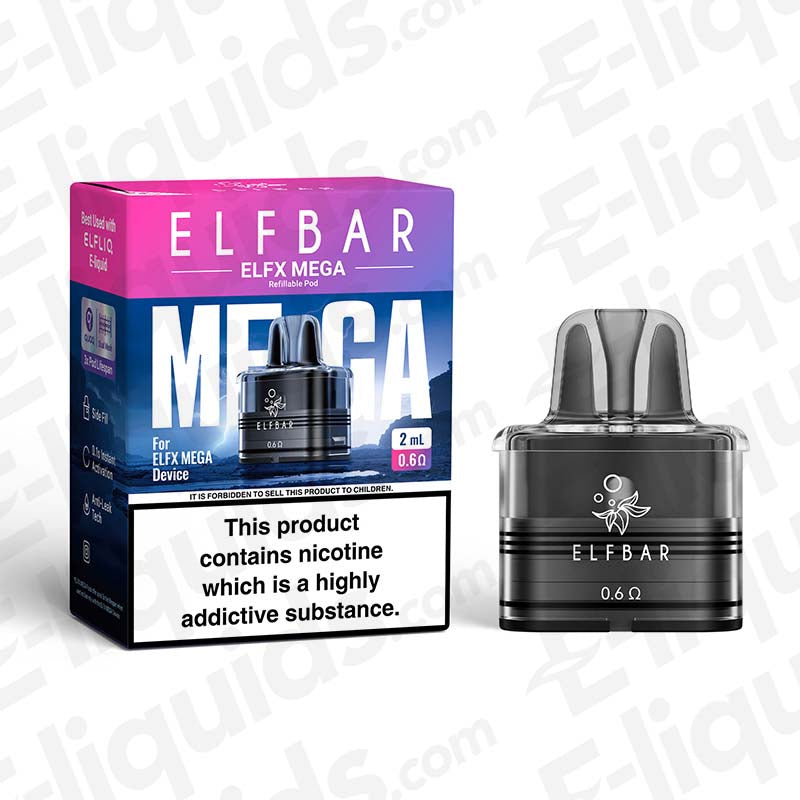 ELF BAR ELFX Mega 0.6 Ohm 2ml Pod refillable pod with black transparent mouthpiece, in pink and blue packaging