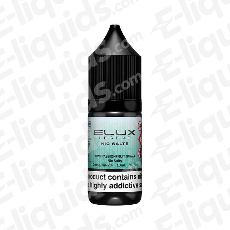 Kiwi Passionfruit Guava Nic Salt E-liquid by Elux Legend in a 10ml bottle, offering a tropical vaping experience.