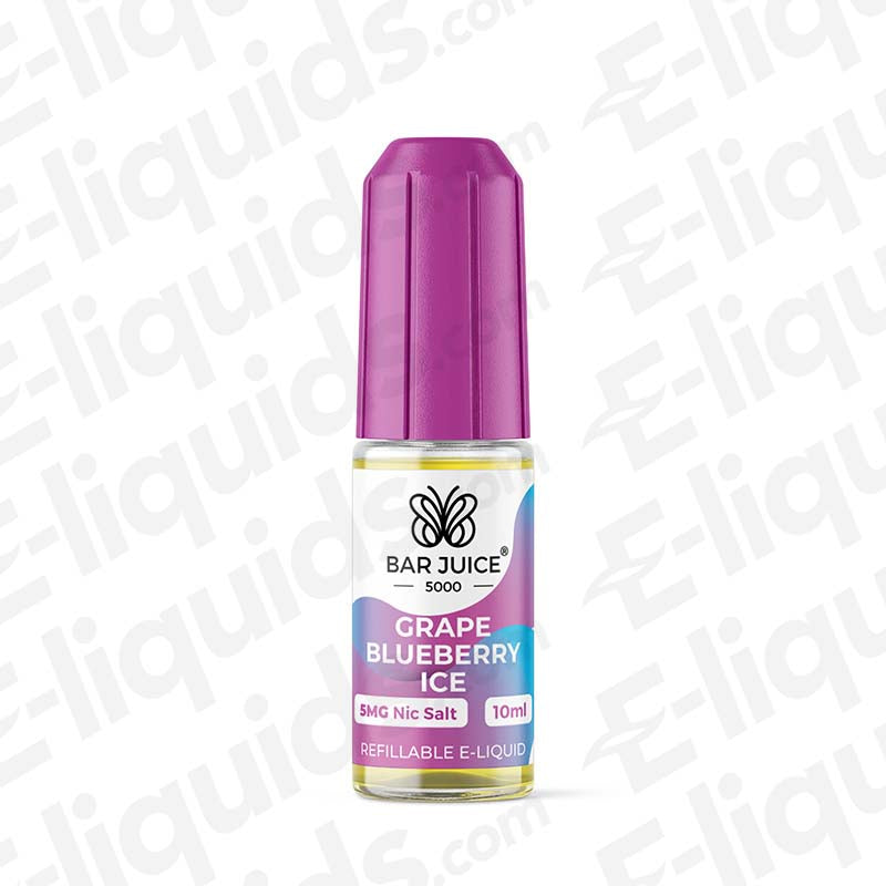 Grape Blueberry Ice Bar Juice 5000 Nic Salts bottle with purple cap on white background.