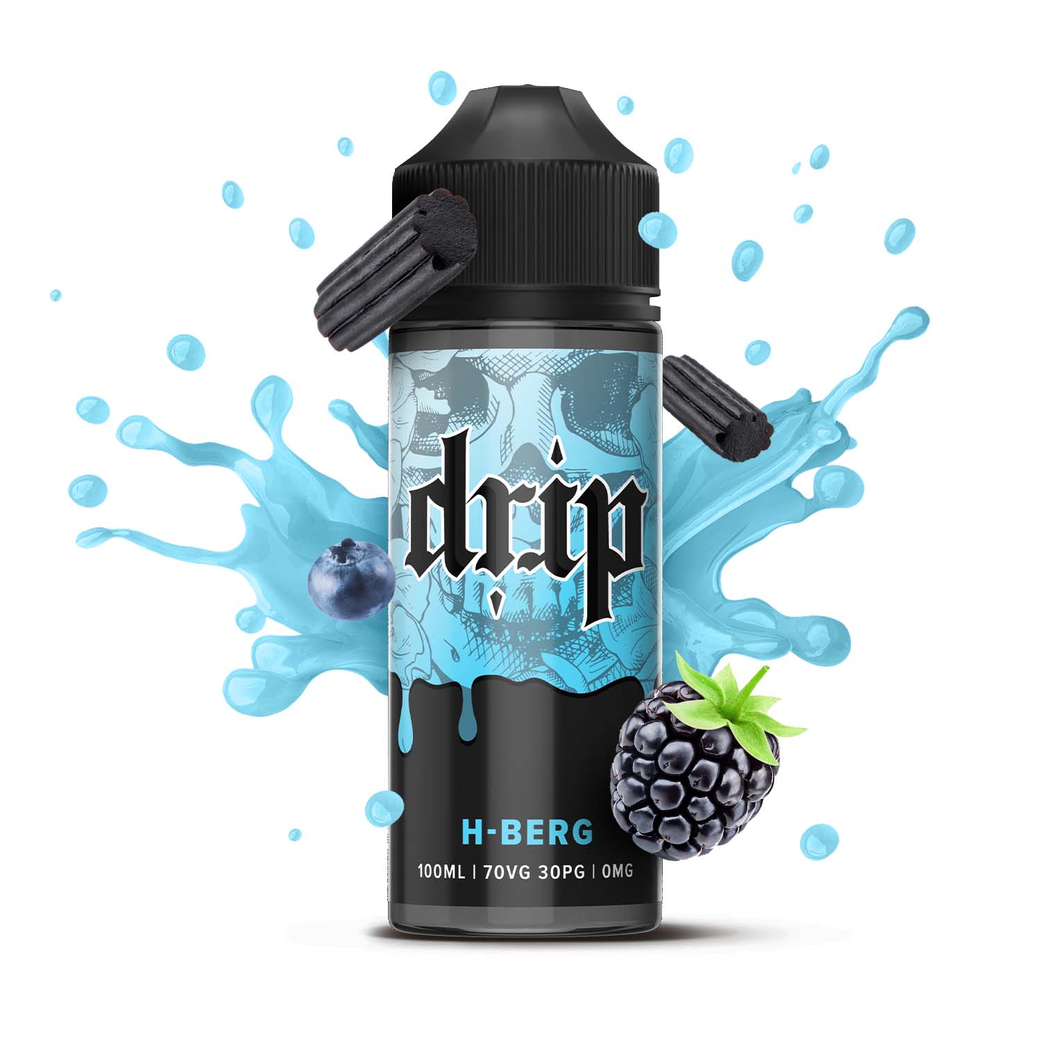 H-Berg Shortfill E-liquid by Drip in a 100ml bottle featuring mixed berries and menthol against a splash backdrop.