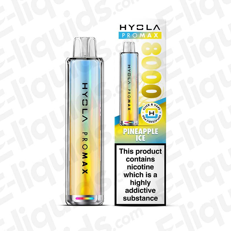Hyola Pro Max 8000 Puff Pineapple Ice Prefilled Pod Kit with 20mg nicotine, 1800mAh battery, and TPD compliance for vaping.
