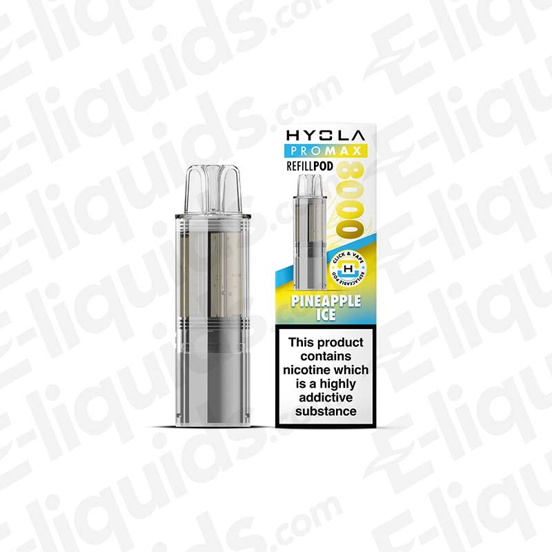 Hyola Pro Max 8000 Pineapple Ice prefilled pod, 20mg strength, 8000 puffs, 2ml capacity, sleek design, compliant, nicotine content.