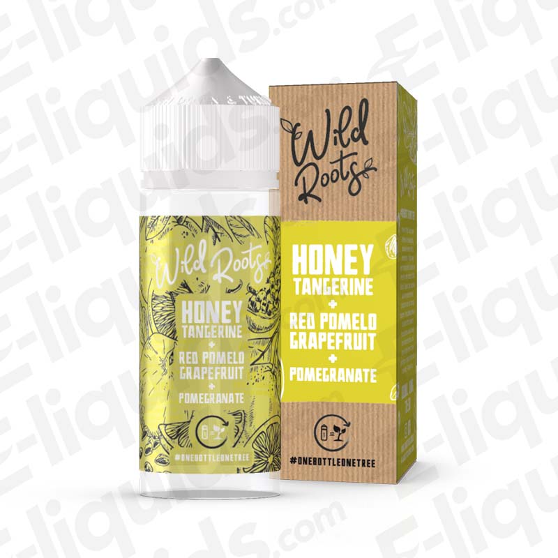 Honey Tangerine Shortfill E-liquid by Wild Roots with flavors of red pomelo grapefruit and pomegranate in a clear bottle.