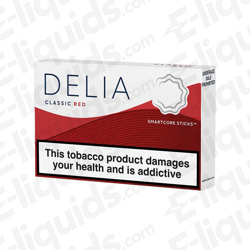 IQOS DELIA Red Heated Tobacco Sticks with a rich, full-bodied, and malty Tobacco blend in red and white packaging.
