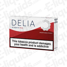 IQOS DELIA Red Heated Tobacco Sticks with a rich, full-bodied, and malty Tobacco blend in red and white packaging.