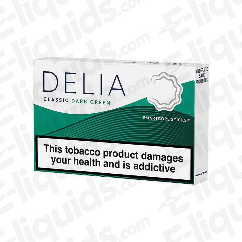 IQOS DELIA Dark Green Heated Tobacco Sticks with a classic Tobacco base and a cooling Menthol finish in dark green and white packaging.