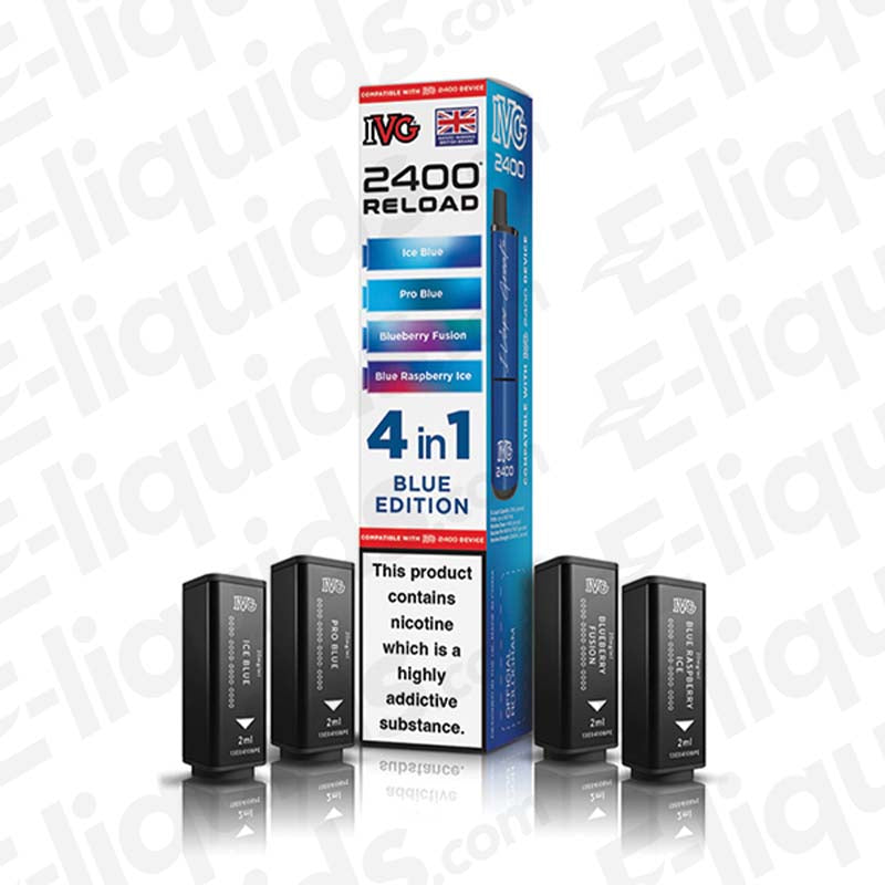 IVG 2400 4 In 1 Prefilled Pods - box with pods showcasing flavors and nicotine strength details.