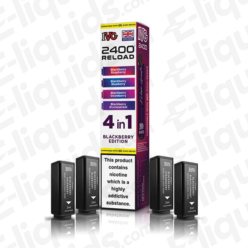 IVG 2400 4 In 1 Prefilled Pods with 2400 puffs, 20mg strength and blackberry flavors.