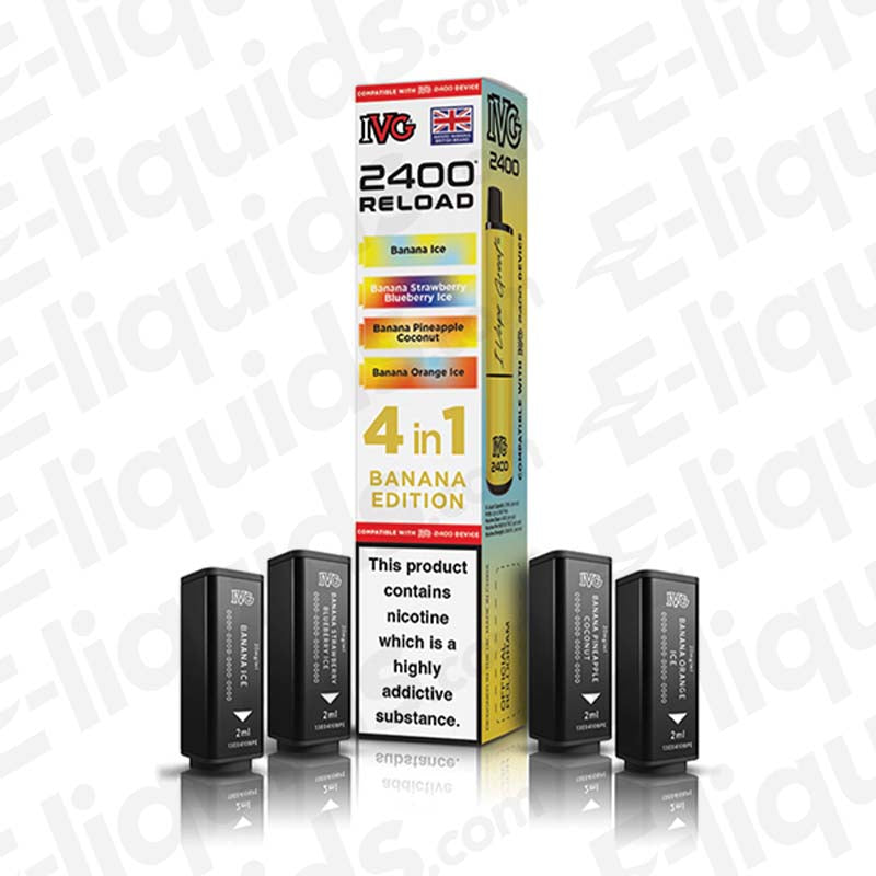 IVG 2400 4 In 1 Prefilled Pods - Banana Edition with 2400 puffs and 20mg strength for vaping.