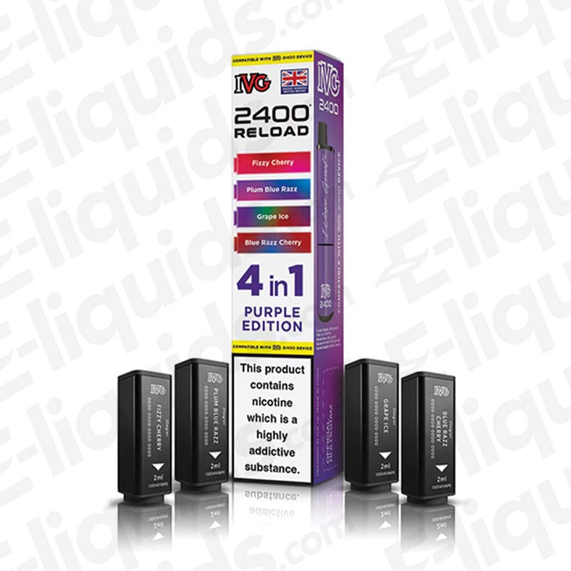 IVG 2400 4-in-1 Purple Edition Prefilled Pods featuring mesh coil, 2400 puffs, 20mg strength, and 2ml e-liquid capacity.