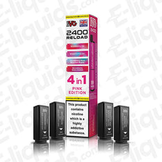 IVG 2400 4-in-1 Pink Edition Prefilled Pod, featuring 4 mesh coils, 2400 puffs, 20mg strength, and 2ml e-liquid capacity.