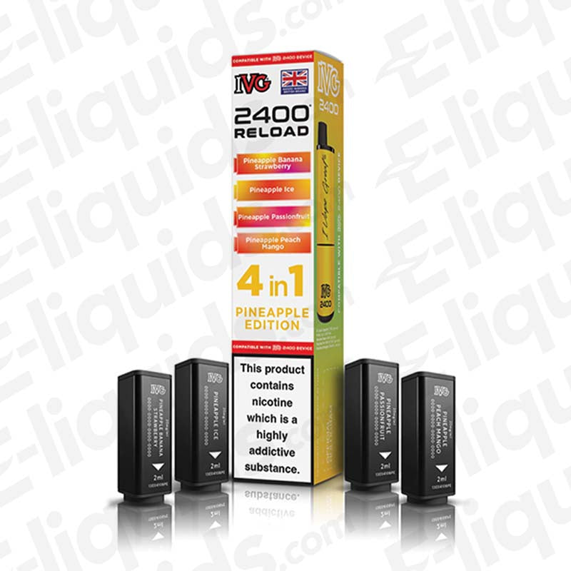 IVG 2400 Prefilled Pods 4-in-1 Pineapple Edition with Mesh Coils, 2400 Puffs, 20mg Strength, 2ml E-liquid, UK Flag