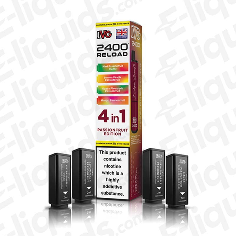IVG 2400 4-in-1 Passionfruit Edition Prefilled Pod with mesh coils, 2400 puffs, 20mg strength, and 2ml capacity.