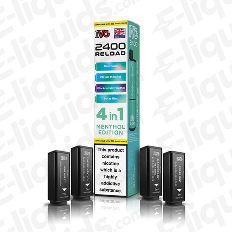 IVG 2400 4-in-1 Menthol Edition Prefilled Pods with 4x Mesh Coil, 2400 Puffs, 20mg strength, 2ml e-liquid capacity, nicotine warning