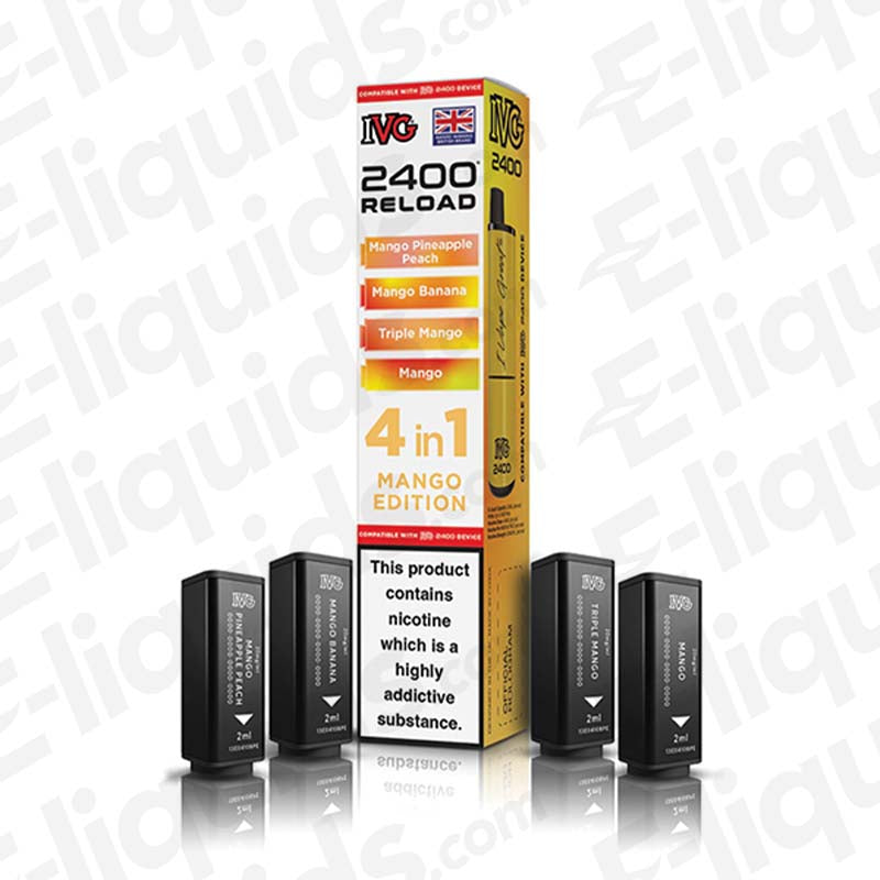 IVG 2400 4-in-1 Mango Edition Pods featuring 4 mesh coils, 2400 puffs, 20mg strength, 2ml e-liquid capacity; includes 4 pods.