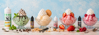 Ice cream e-liquid bottles arranged with strawberry, vanilla, mint chocolate chip and raspberry ice cream sundaes.