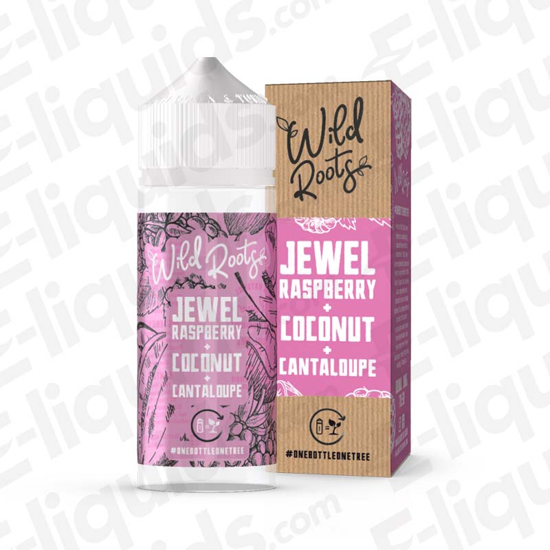 Jewel Raspberry, Coconut & Cantaloupe Shortfill E-liquid by Wild Roots in 50ml bottle, featuring tropical fruit flavors.