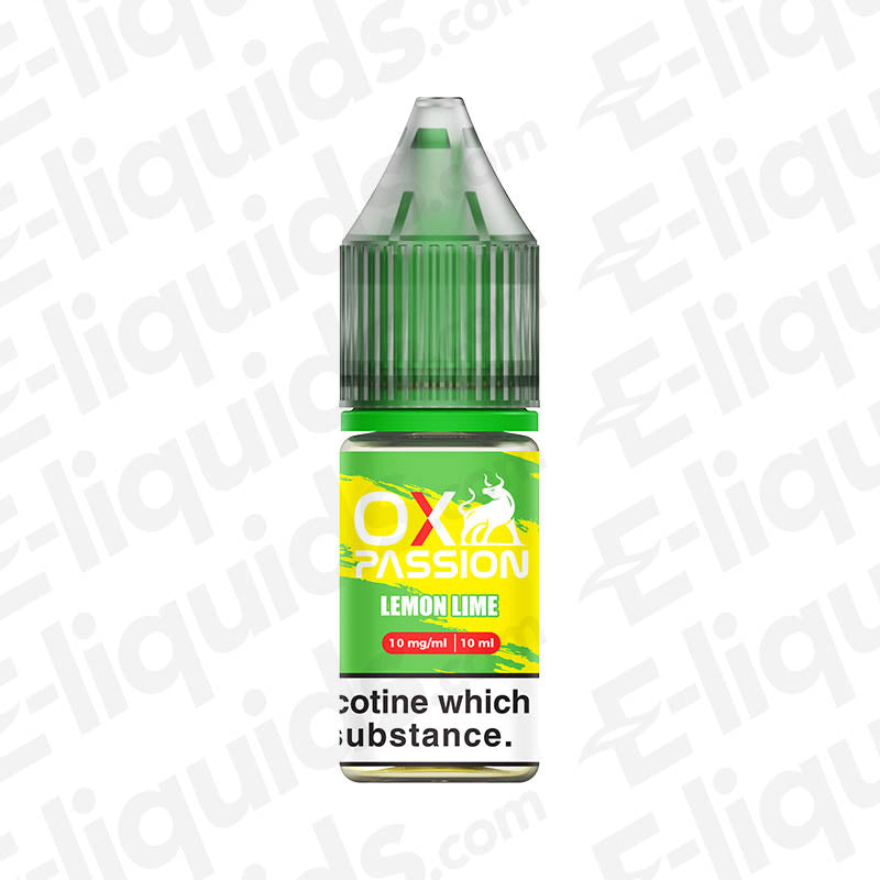 10ml Lemon Lime OX Passion Nic Salt E-liquid by OXVA with zesty lemon and lime flavor, 10mg nicotine strength, and 50/50 VG/PG mix.