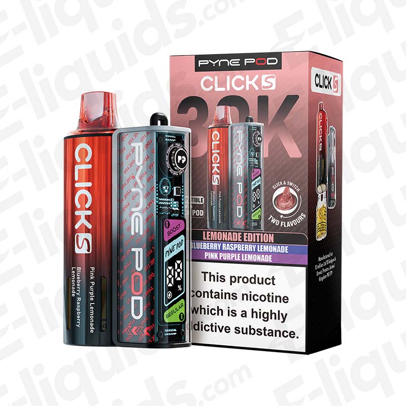 Pyne Pod Click S 30K Lemonade Edition Prefilled Pod Kit with zesty lemonade flavour in pink and black packaging, OLED screen dual mode mesh coil.