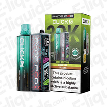 Pyne Pod Click S 30K Lime Edition Prefilled Pod Kit with Cool Lime pods, sleek teal and black device, and lime green Click S 30K box packaging.