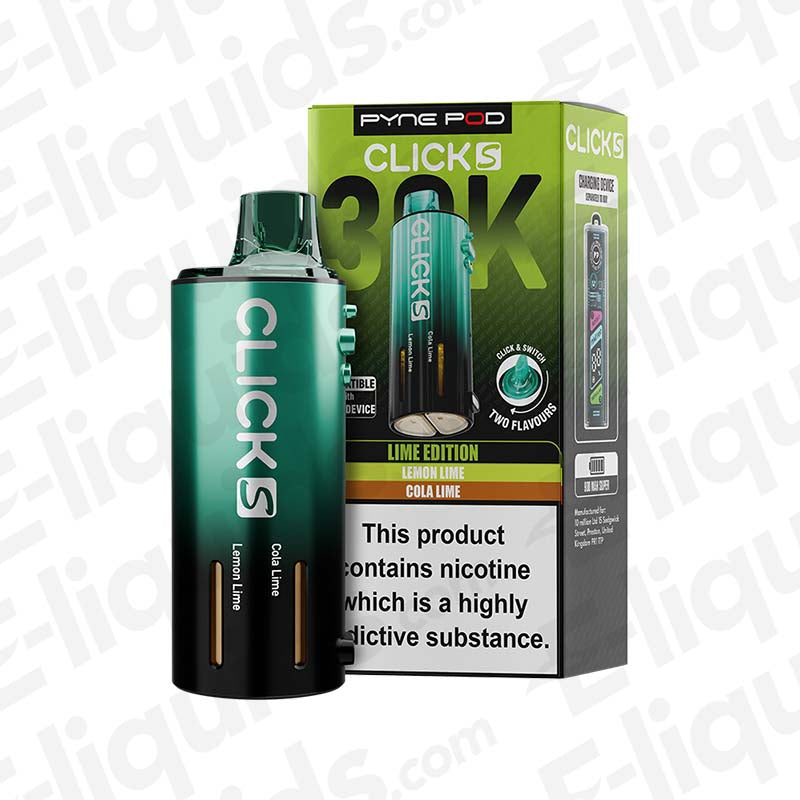 Pyne Pod Click S 30K Lime Edition Prefilled Pod with zesty lime flavour in green and black packaging.