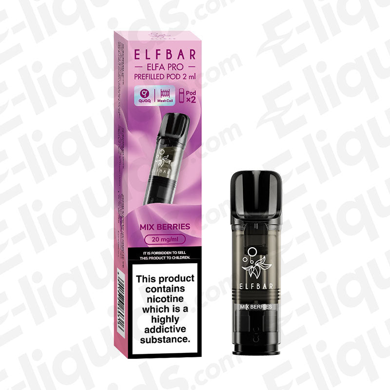 Elf Bar Elfa Pro Mix Berries pre-filled vape pods packaging and pod displayed.