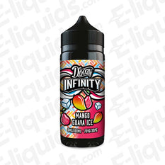 Doozy Infinity Mango Guava Ice 70/30 100ml Shortfill with exotic fruit notes and a crisp, refreshing high-VG finish in a black bottle with label. 