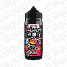 Doozy Infinity Mango Guava Ice 50/50 100ml Shortfill with sweet Mangosteen, tangy Guava, and a cold blast of ice in a black bottle with label.