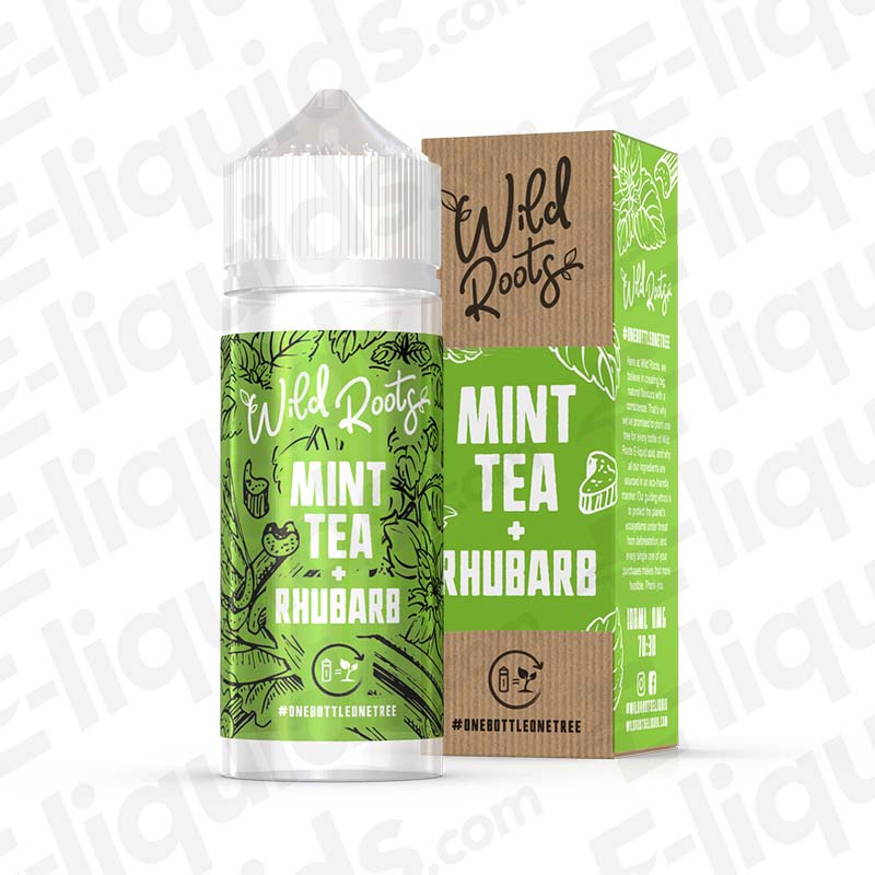 Mint Tea & Rhubarb Nic Salt E-liquid by Wild Roots in 10ml bottle with green packaging.