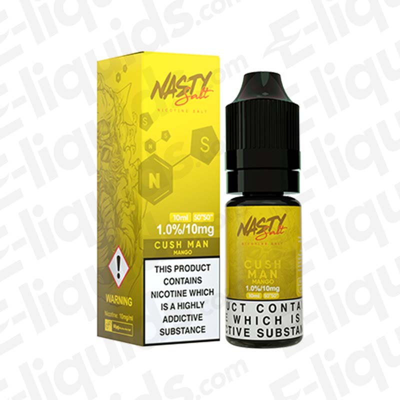 Cush Man Mango E-liquid by Nasty Juice in 10ml bottle, featuring vibrant packaging and nicotine warning label.