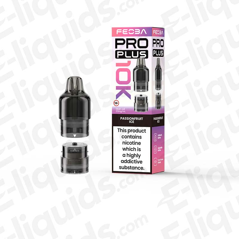 Feoba Pro Plus Passionfruit Ice Prefilled Pod with sweet, tart Passionfruit and a polar ice rush in purple-pink and white packaging.