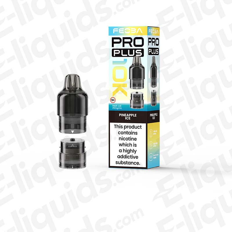 Feoba Pro Plus Pineapple Ice Prefilled Pod with tangy tropical Pineapple and a cool icy finish in yellow-blue and white packaging.